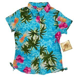 Vintage Girls Blouse Hawaiian New Old Stock Size 16 Button Front Summer Floral